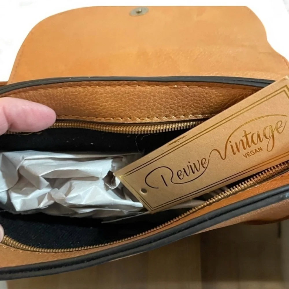 NWT Revive Vintage Vegan Cognac Studded Tassel Crossbody Bag Boho Western